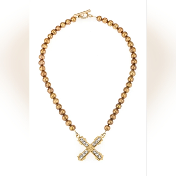 French Kande Jewelry - Gold and Bronze Beaded Necklace with Cross Pendant